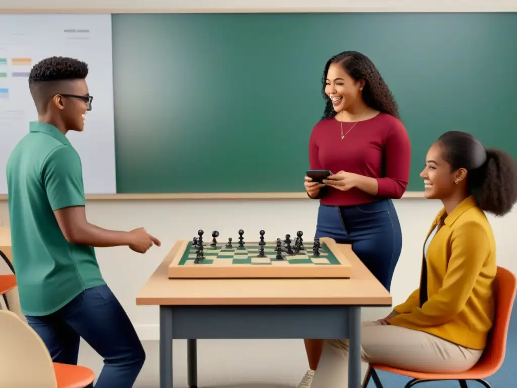 Grupo diverso de estudiantes participa emocionado en actividad educativa gamificada en aula moderna