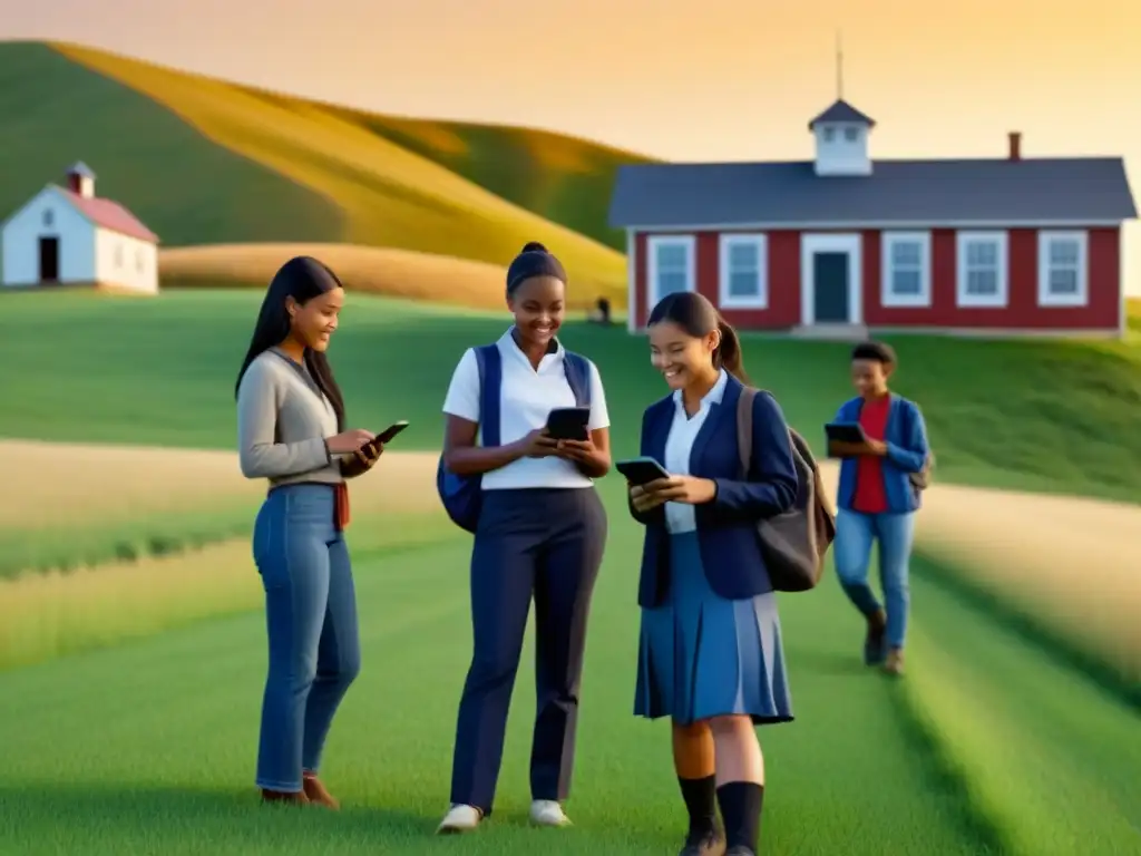 Un grupo diverso de estudiantes en un entorno rural, utilizando dispositivos móviles para fines educativos