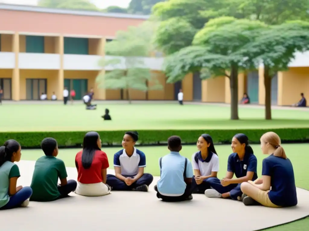 Un grupo diverso de estudiantes en armonía, simbolizando un entorno educativo seguro y de apoyo