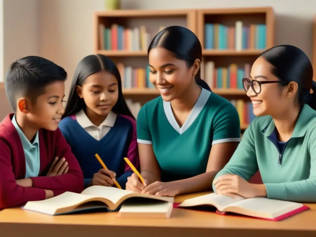 Grupo diverso de estudiantes en un entorno bilingüe inclusivo con libros y recursos educativos vibrantes