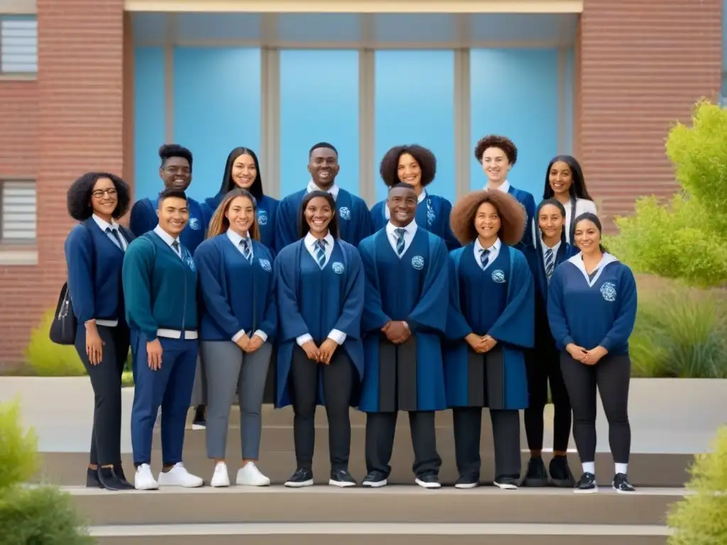 Un grupo diverso de estudiantes se reúne en la entrada de un edificio escolar, simbolizando la cultura escolar inclusiva en Uruguay