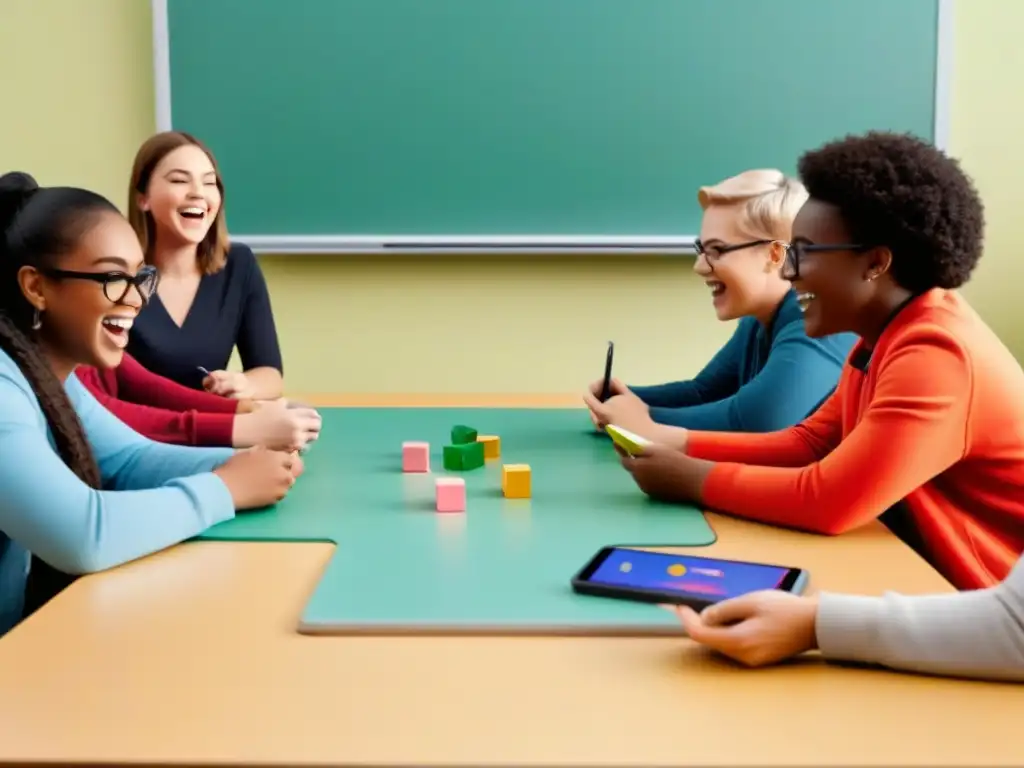 Un grupo diverso de estudiantes juega con entusiasmo en una actividad educativa gamificada en Uruguay