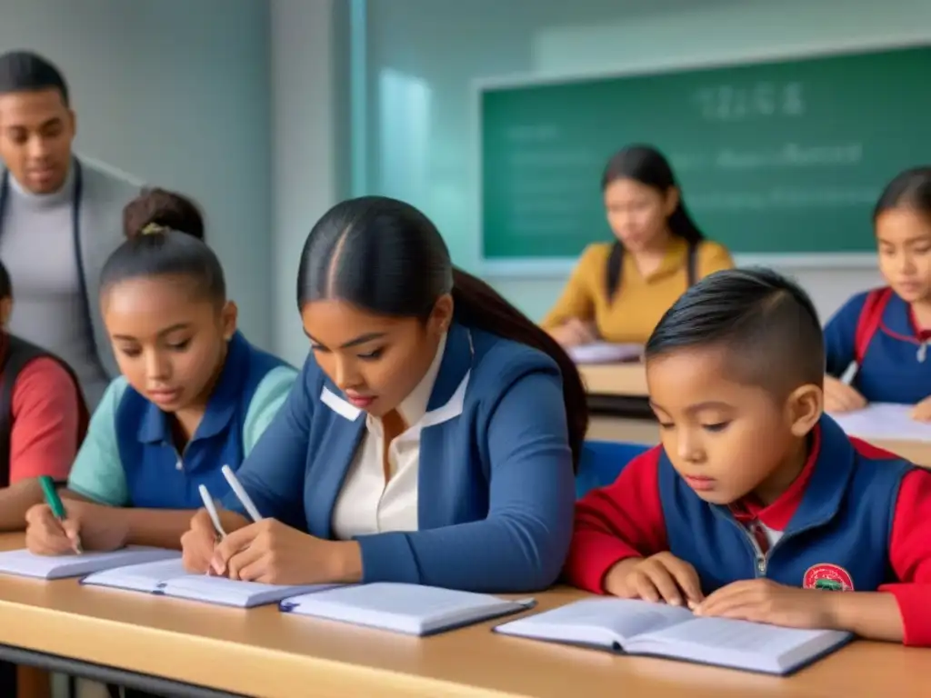 Grupo diverso de estudiantes participa entusiasta en actividad de aprendizaje en aula bilingüe, destacando ventajas educación bilingüe largo plazo