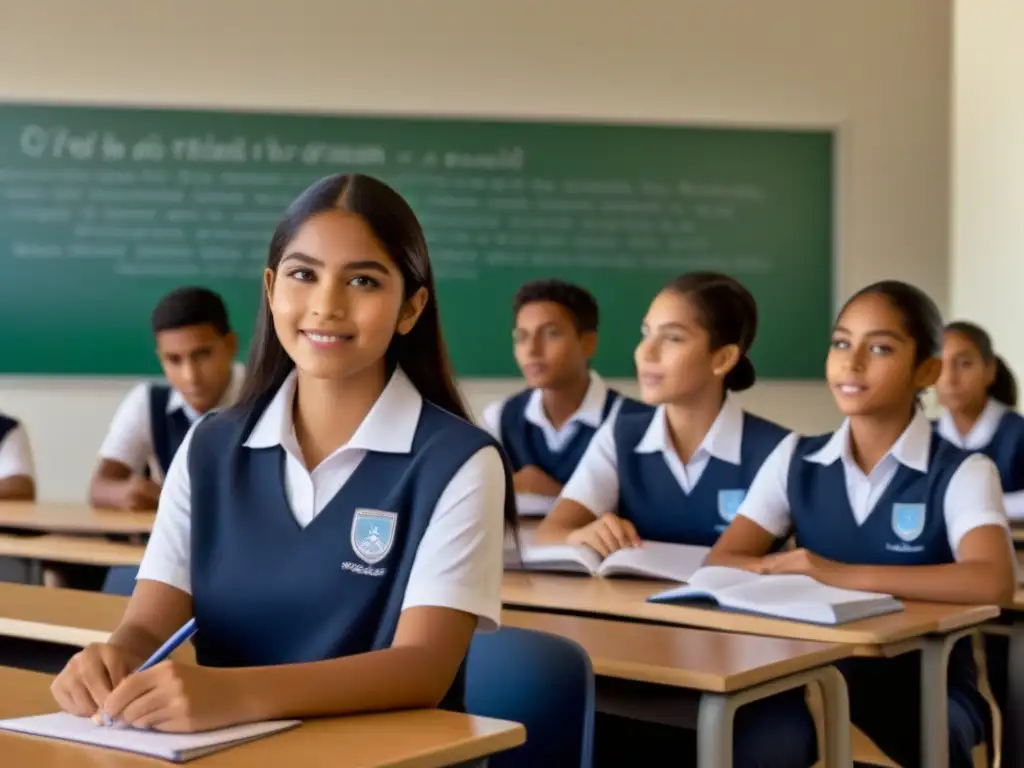 Grupo diverso de estudiantes entusiastas en aula, promoviendo financiamiento proyectos educativos publicidad en Uruguay