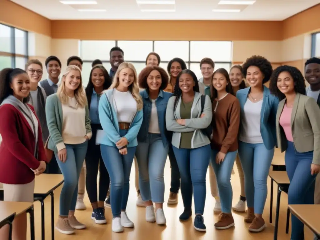 Un grupo diverso de estudiantes en una escena escolar positiva, promoviendo la amistad y la unidad con el plan escolar integral contra bullying