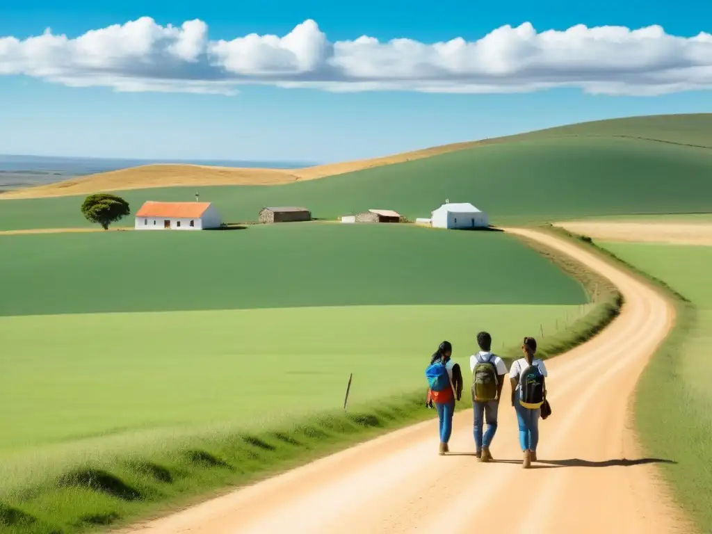 Grupo diverso de estudiantes caminando hacia escuela rural en Uruguay, bajo cielo azul y sol dorado