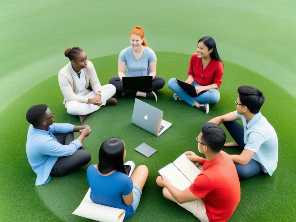 Un grupo diverso de estudiantes discute estrategias de marketing digital para startups educativas en Uruguay, en un campo verde bajo el cielo azul