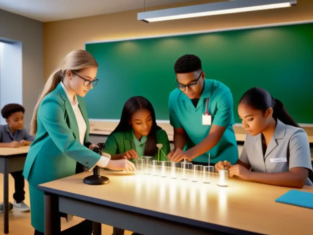 Grupo diverso de estudiantes colaborando en experimento STEM en aula moderna, simbolizando medición eficaz aprendizaje STEM en Uruguay