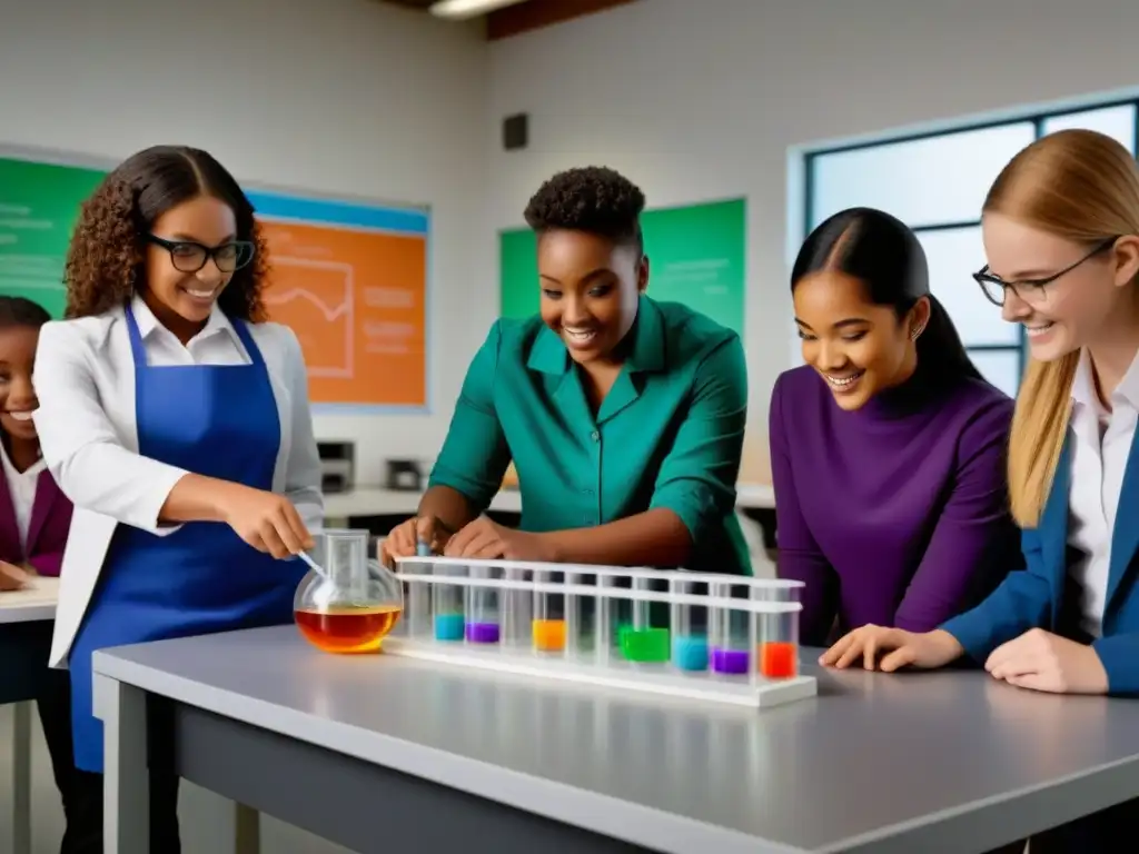 Grupo diverso de estudiantes realizando experimento científico en aula moderna, fomentando aprendizaje de matemáticas y ciencias en Uruguay