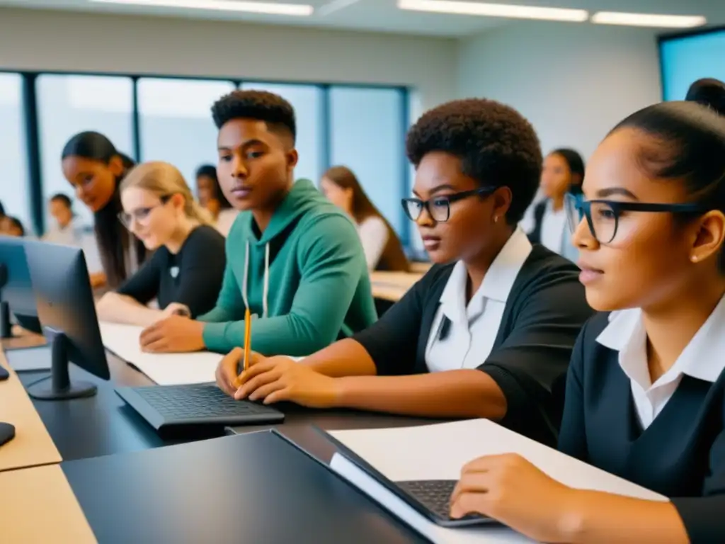 Grupo diverso de estudiantes colaborando en experimentos STEM en un aula moderna y avanzada