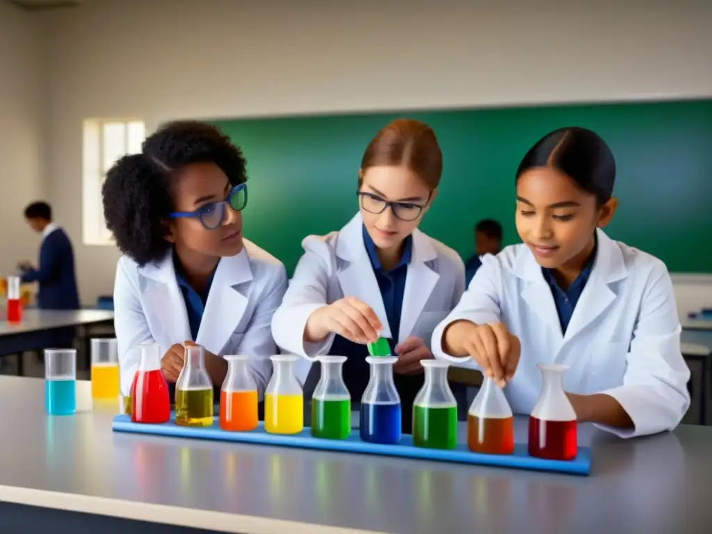 Grupo diverso de estudiantes realizando experimentos científicos prácticos en un aula moderna