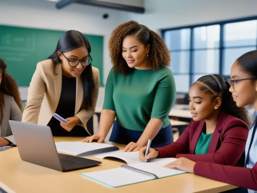 Un grupo diverso de estudiantes femeninas colaborando en un proyecto STEM, fomentando la participación femenina STEM en Uruguay