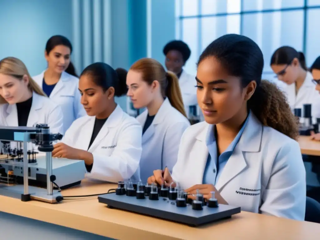 Un grupo diverso de estudiantes femeninas colabora en un laboratorio STEM avanzado en Uruguay, reflejando inclusión y progreso educativo