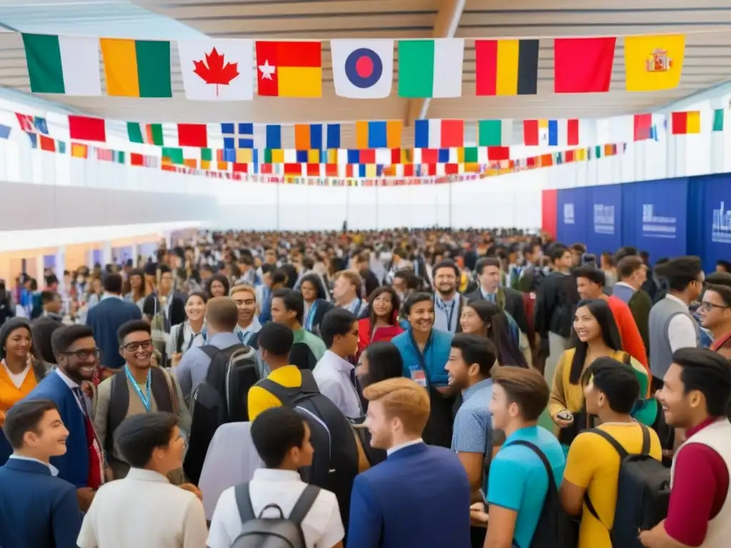 Grupo diverso de estudiantes en feria educativa internacional intercambiando conocimientos y culturas