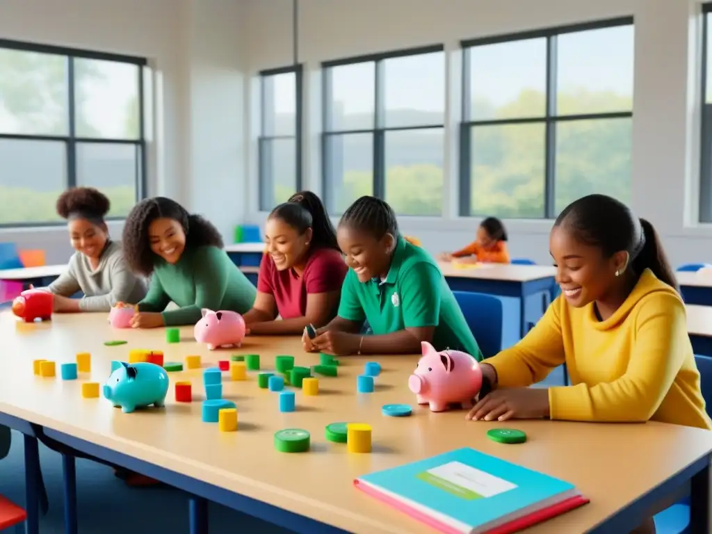 Grupo diverso de estudiantes aprendiendo finanzas con entusiasmo en aula luminosa