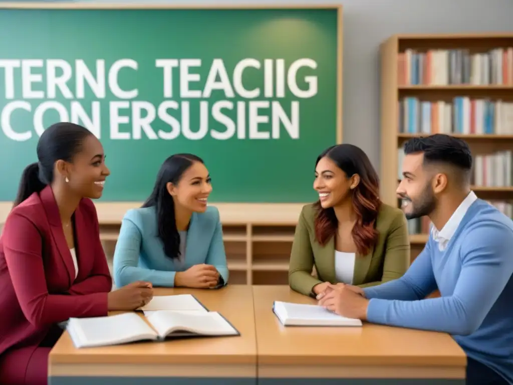Fascinante círculo de conversación en francés en aula moderna Grupo diverso de estudiantes conversando animadamente en francés en un aula moderna con materiales de aprendizaje organizados