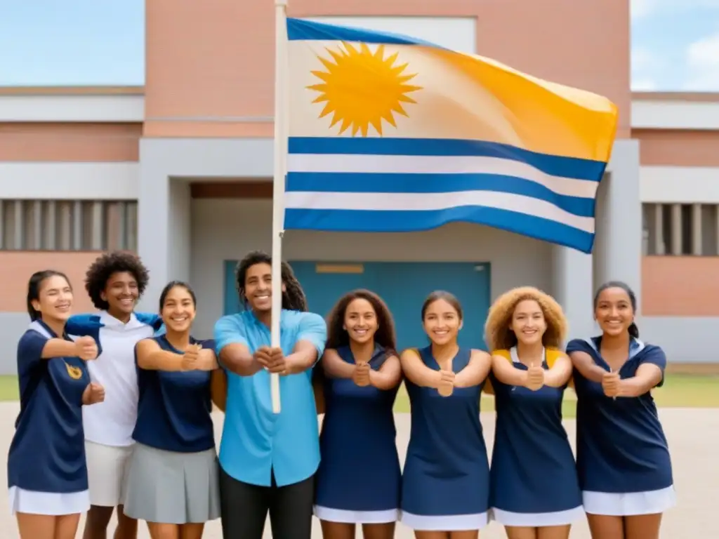 Grupo diverso de estudiantes frente a escuela en Uruguay, transmitiendo unidad y diversidad