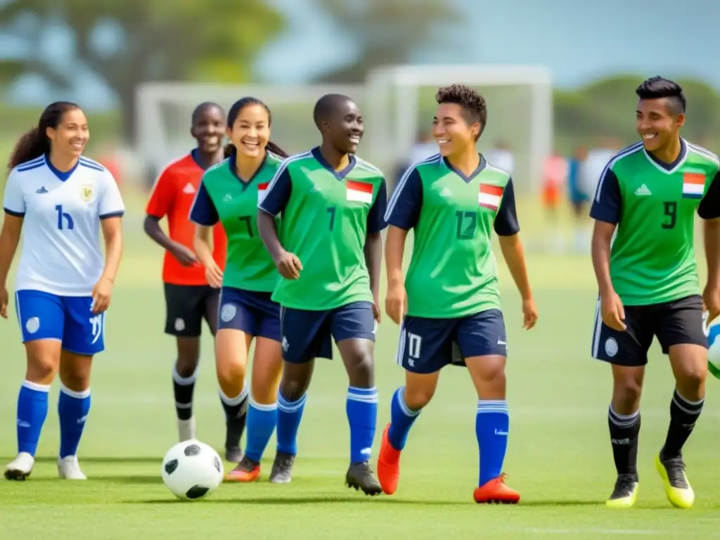 Grupo diverso de estudiantes juegan fútbol en campo verde en Uruguay, mostrando unidad y alegría