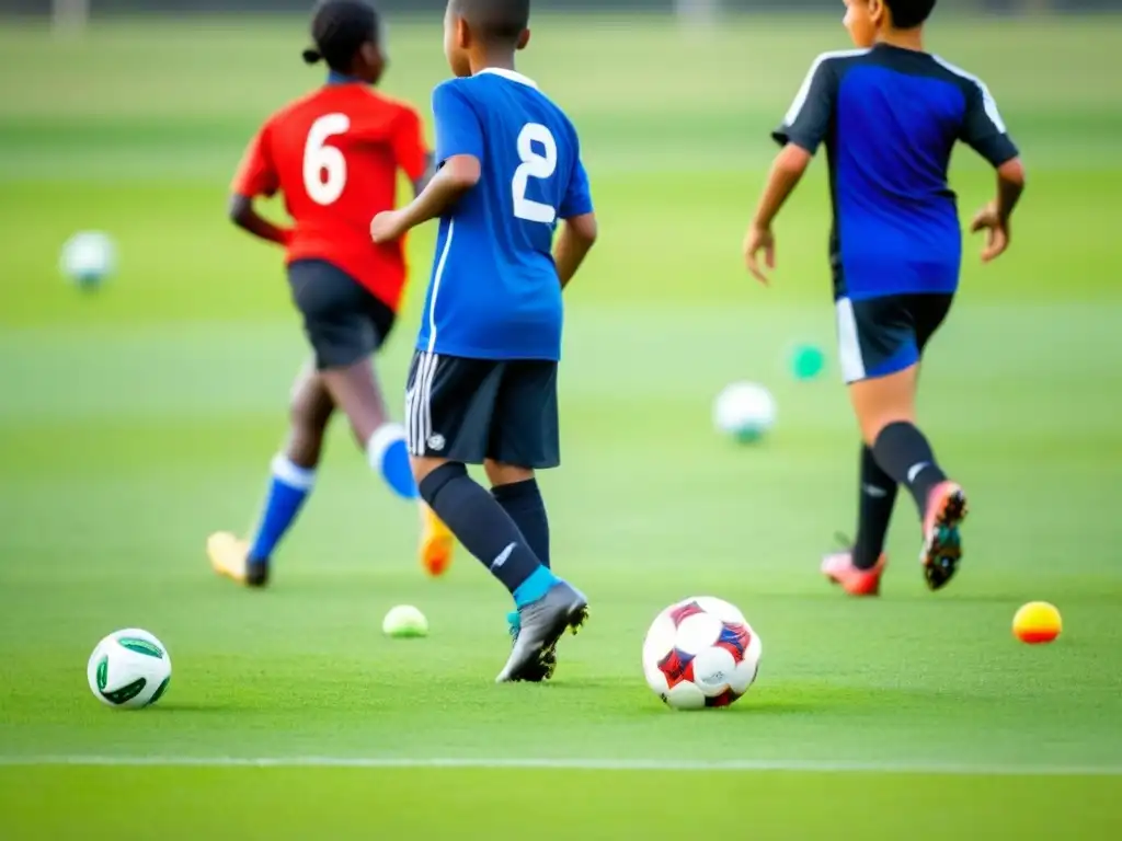 Un grupo diverso de estudiantes juega fútbol en un campo verde, expresando unidad y trabajo en equipo