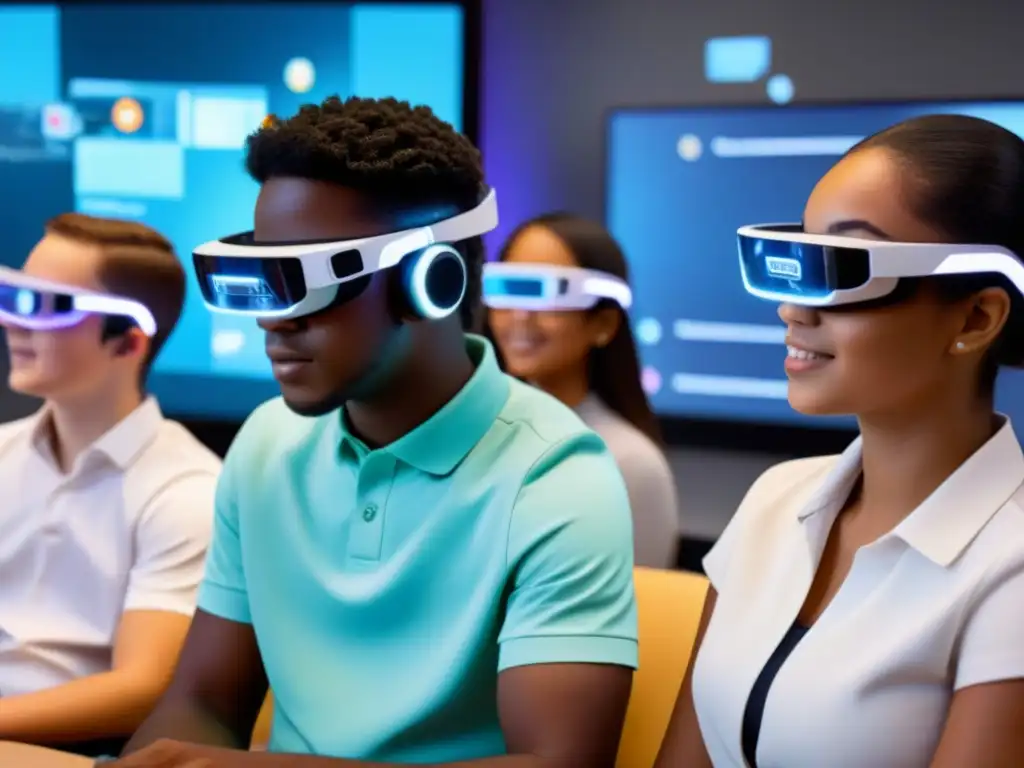 Grupo diverso de estudiantes con gafas de realidad aumentada inmersos en un aula virtual futurista