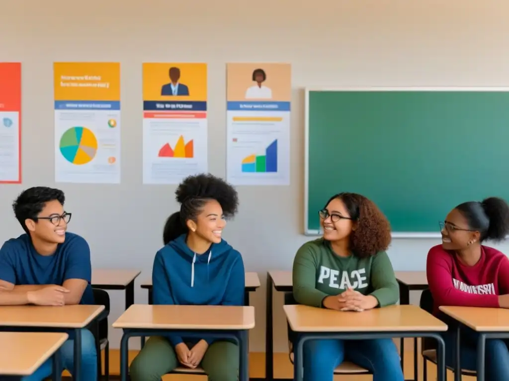 Grupo diverso de estudiantes debatiendo sobre ciudadanía global en un aula moderna; formación ciudadanos globales Uruguay