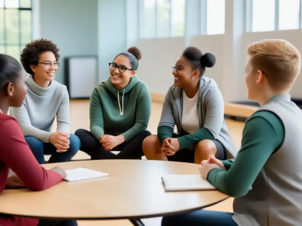 Un grupo diverso de estudiantes con distintas habilidades y orígenes, colaborando y mostrando inclusión en un ambiente educativo armonioso y acogedor