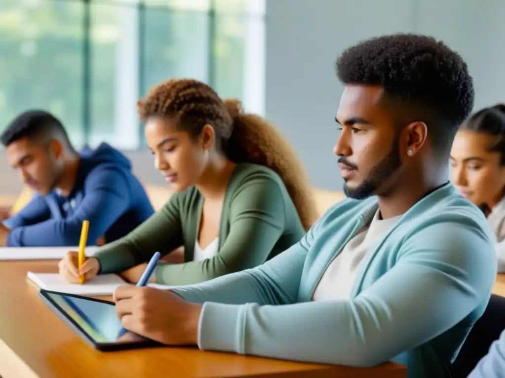 Un grupo diverso de estudiantes intercambia ideas en un aula moderna en Uruguay, irradiando inclusividad y conocimiento