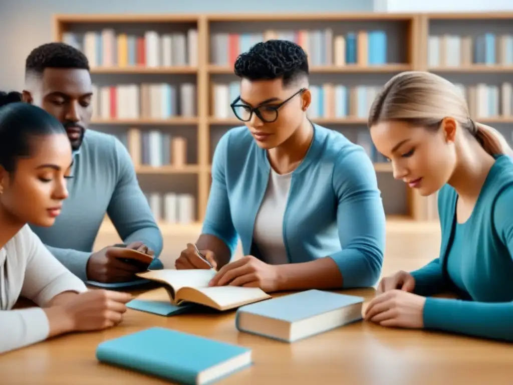 Grupo diverso de estudiantes aprendiendo idiomas con metodologías inclusivas en un aula serena