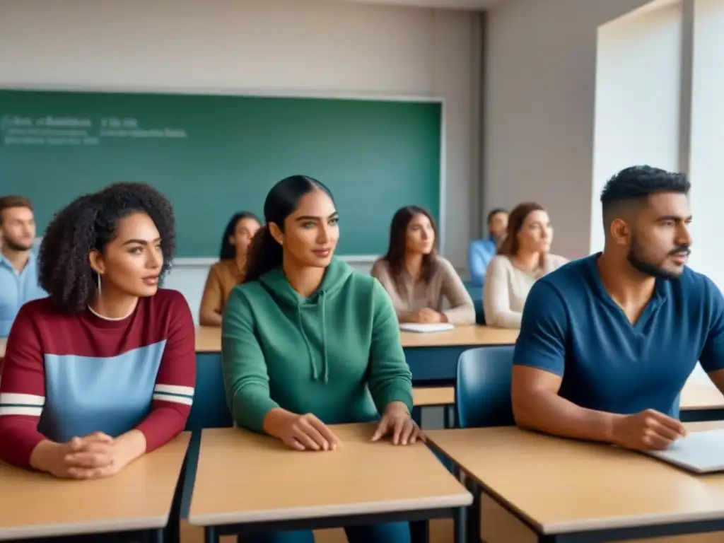 Grupo diverso de estudiantes en aula de educación inclusiva en Uruguay, colaborando en proyecto intercultural