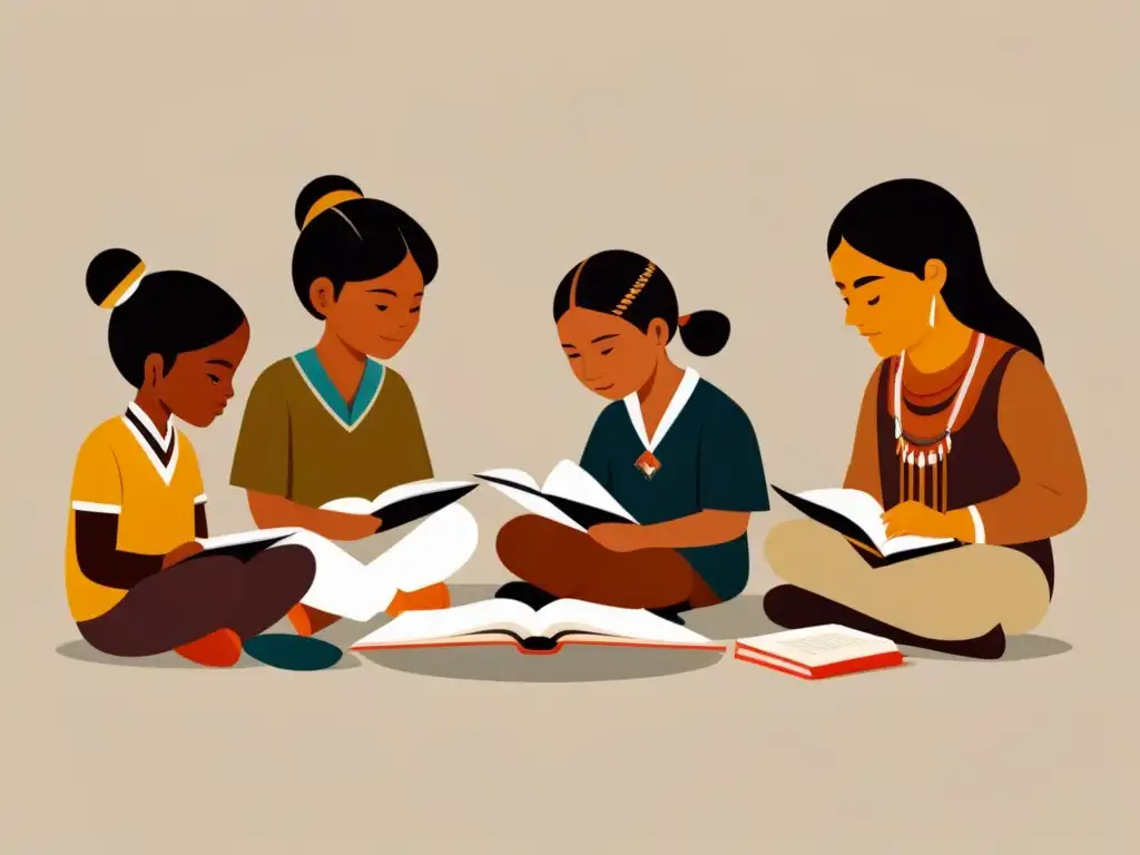 Grupo diverso de estudiantes indígenas inmersos en actividades educativas, reflejando orgullo cultural y permanencia escolar