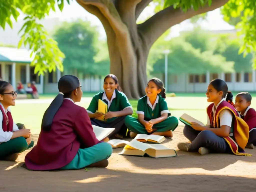 Un grupo diverso de estudiantes indígenas en Uruguay, educación inclusiva bajo un árbol en un ambiente educativo sereno