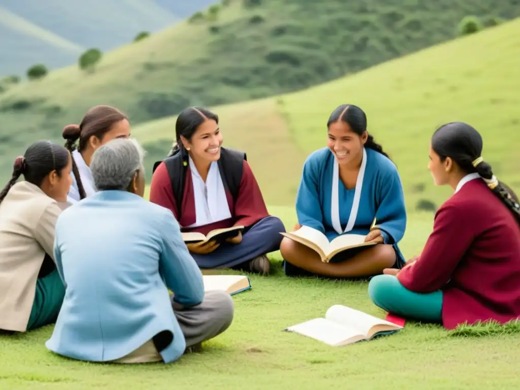 Grupo diverso de estudiantes indígenas de Uruguay concentrados en círculo al aire libre, destacando Acceso educación poblaciones indígenas Uruguay