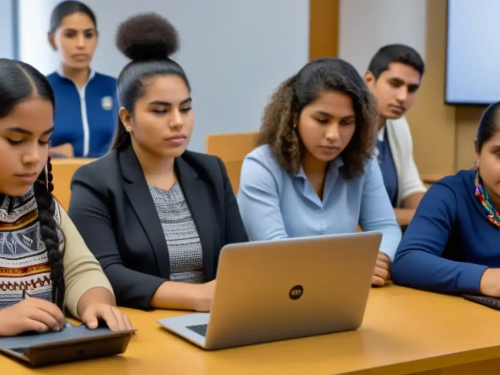 Un grupo diverso de estudiantes indígenas de Uruguay participa en una sesión de aprendizaje en línea, mostrando empoderamiento y colaboración