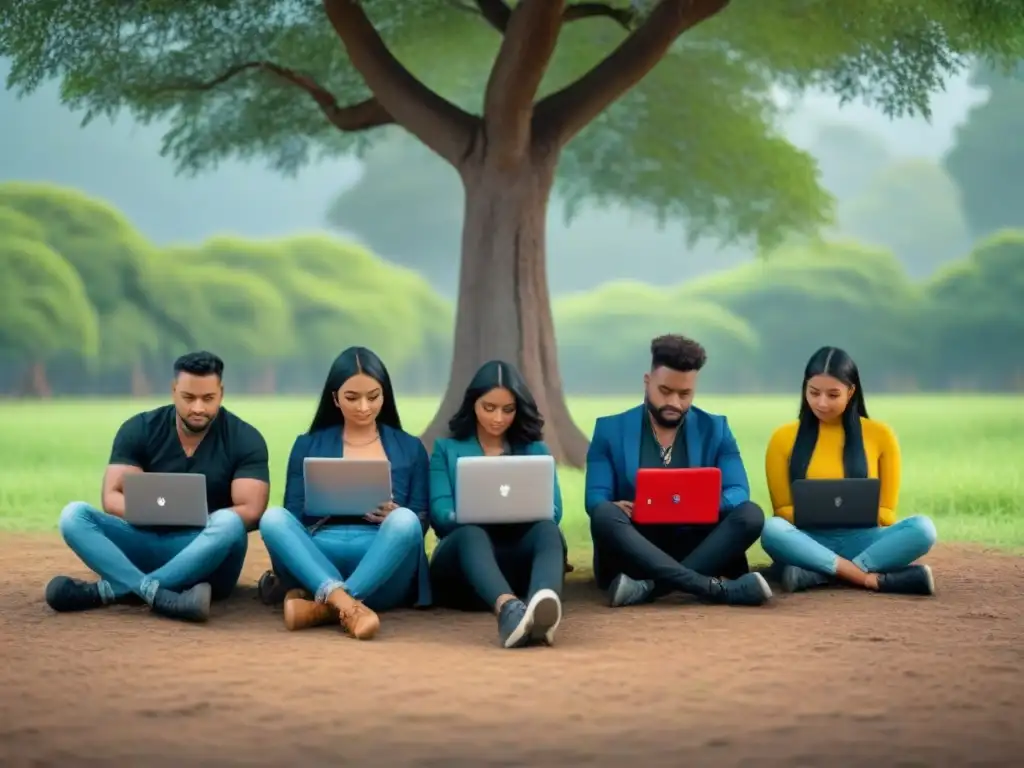 Un grupo diverso de estudiantes indígenas concentrados en sus dispositivos digitales bajo un árbol