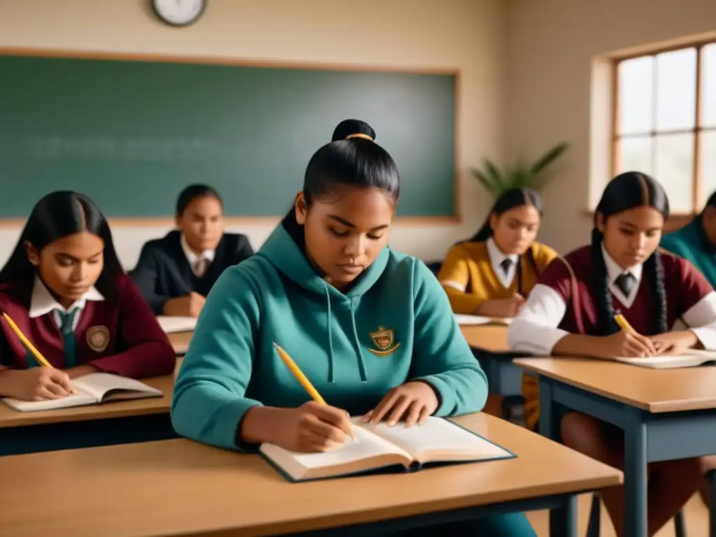 Un grupo diverso de estudiantes indígenas estudian juntos en un aula, mostrando unidad y empoderamiento a través de la educación