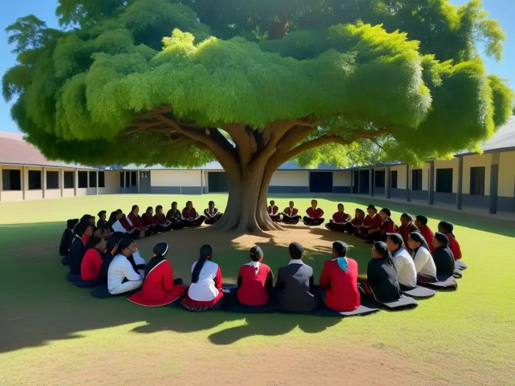 Un grupo diverso de estudiantes indígenas, orgullosos y unidos, visten trajes tradicionales bajo un árbol