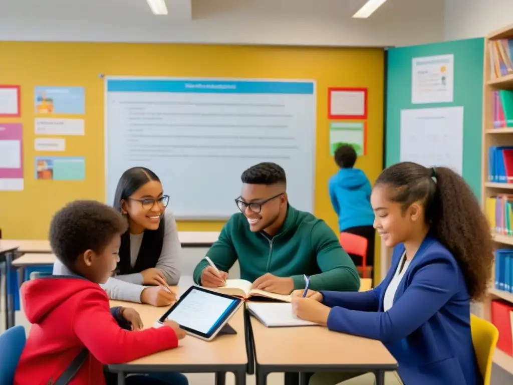 Grupo diverso de estudiantes inmersos en actividades de aprendizaje de idiomas en un aula moderna y acogedora