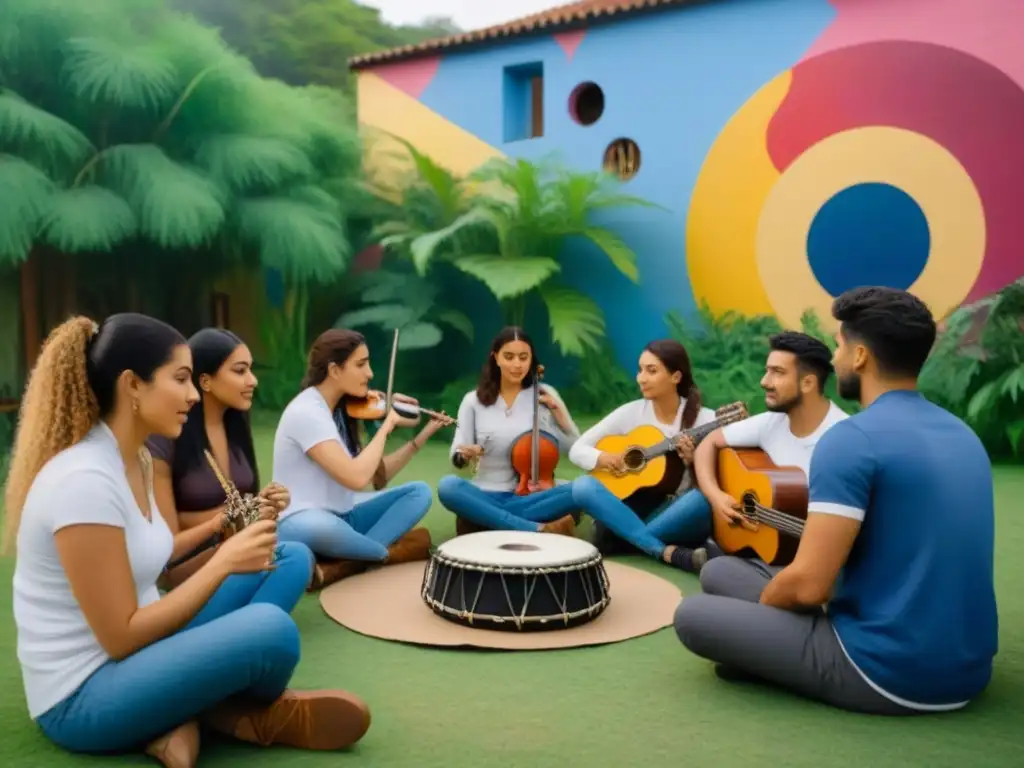 Un grupo diverso de estudiantes de Uruguay, inmersos en una actividad de enseñanza de idiomas al aire libre con instrumentos musicales y arte