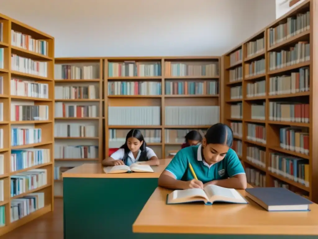 Grupo diverso de estudiantes inmersos en la lectura de obras literarias de todo el mundo en un aula serena de Uruguay