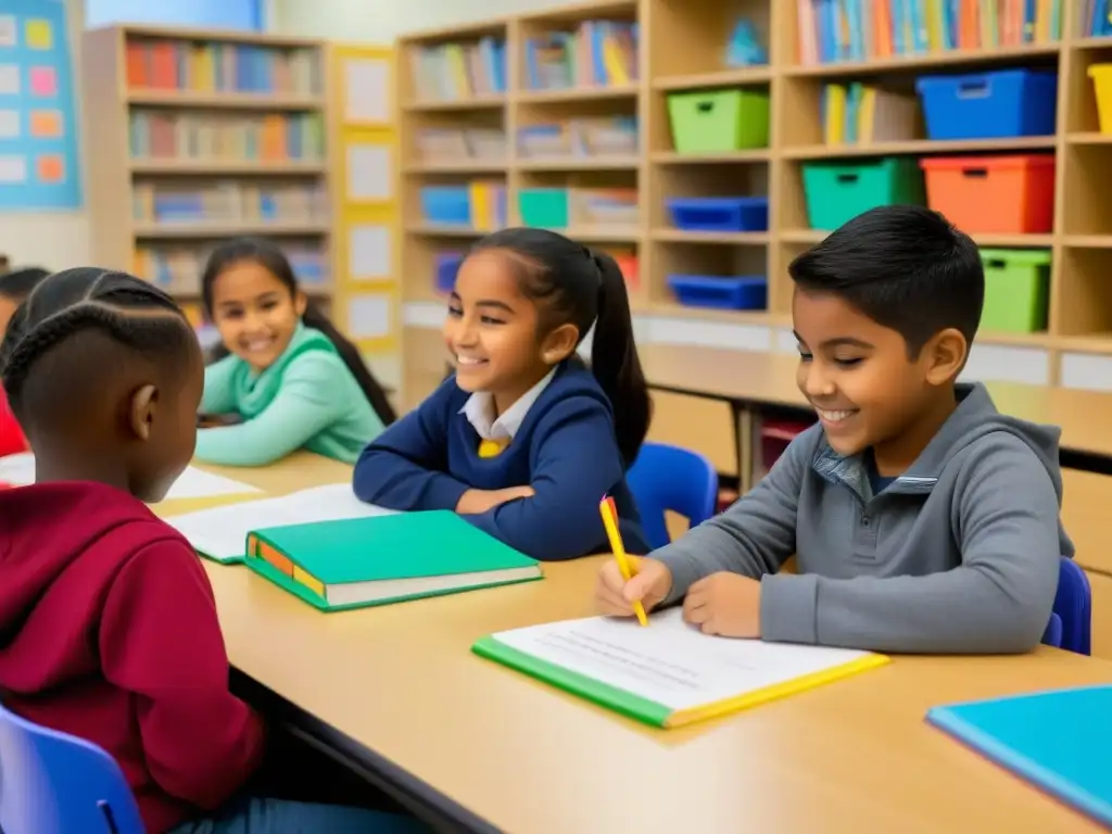 Grupo diverso de estudiantes inmersos en un aula bilingüe, mostrando el impacto positivo de las políticas educativas en la educación bilingüe