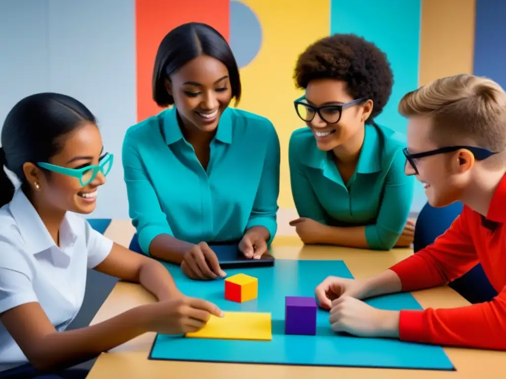 Grupo diverso de estudiantes inmersos en actividad educativa gamificada, reflejando colaboración y modernidad