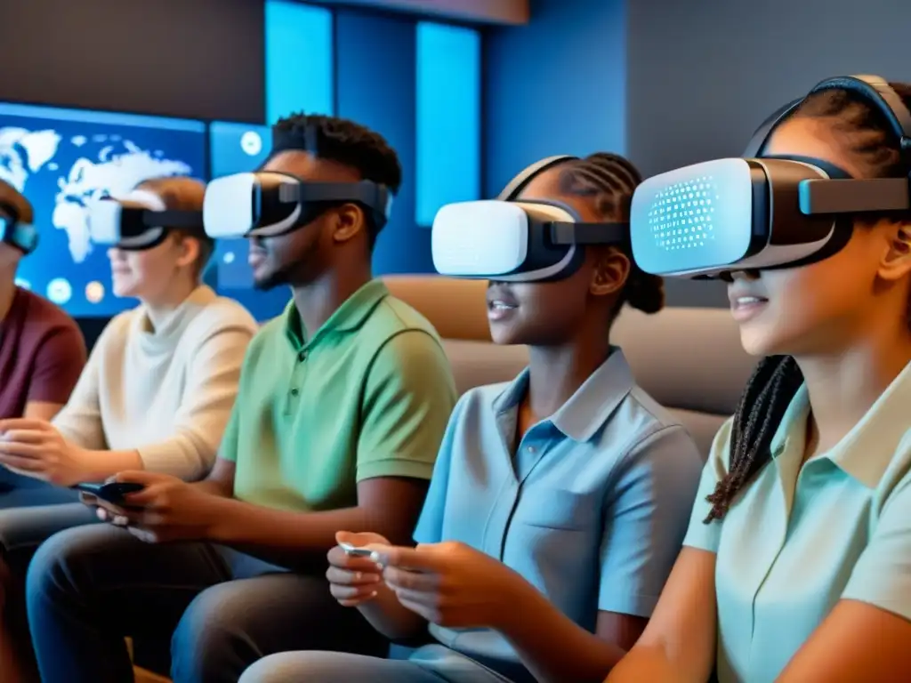 Grupo diverso de estudiantes inmersos en juego educativo de realidad virtual en aula futurista