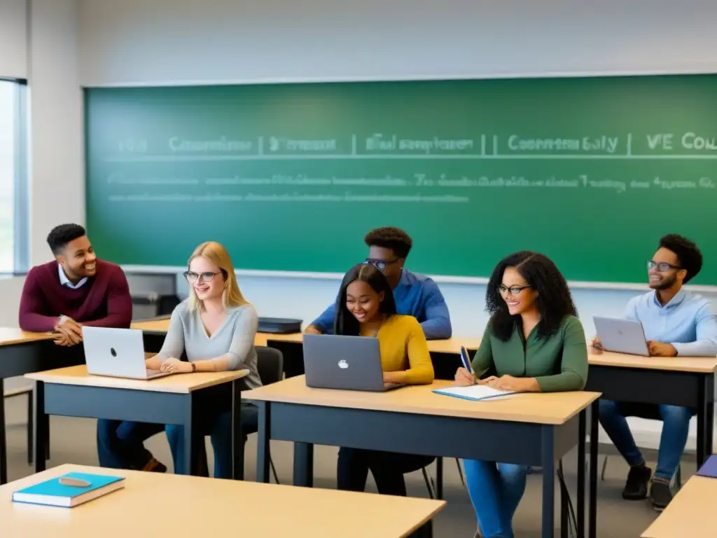 Grupo diverso de estudiantes inmersos en metodologías de enseñanza innovadoras en un aula moderna