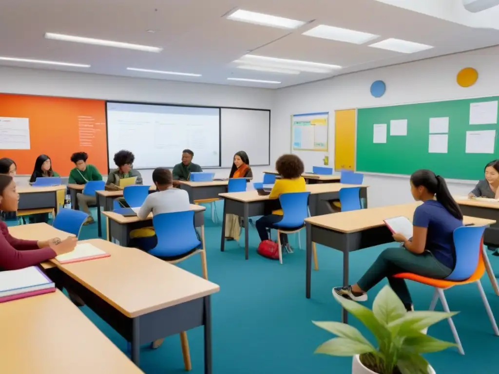 Grupo diverso de estudiantes inmersos en actividades de aprendizaje de idiomas en aula moderna