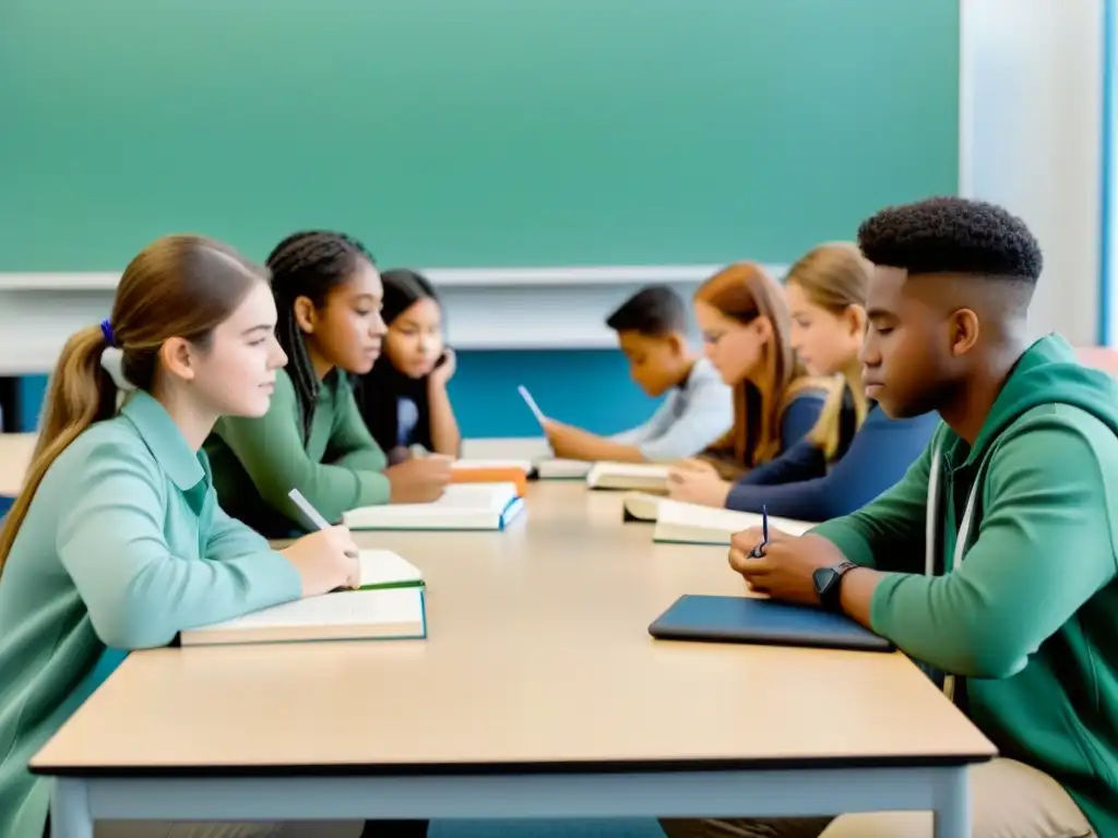 Grupo diverso de estudiantes inmersos en aprendizaje integrado de contenido y lengua extranjera en aula moderna