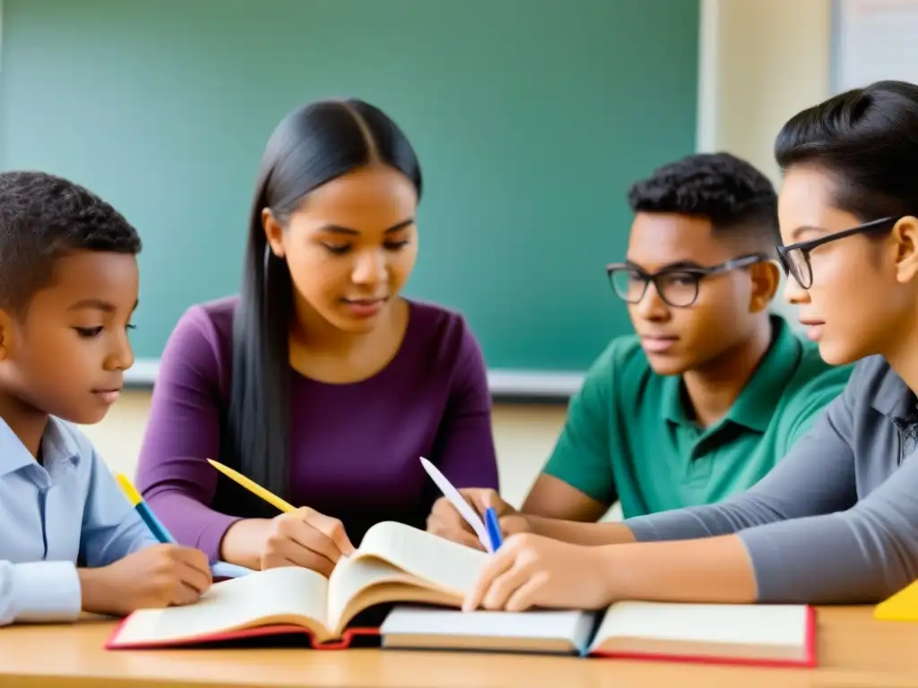 Grupo diverso de estudiantes inmersos en actividades de aprendizaje de idiomas, representando variados estilos de aprendizaje