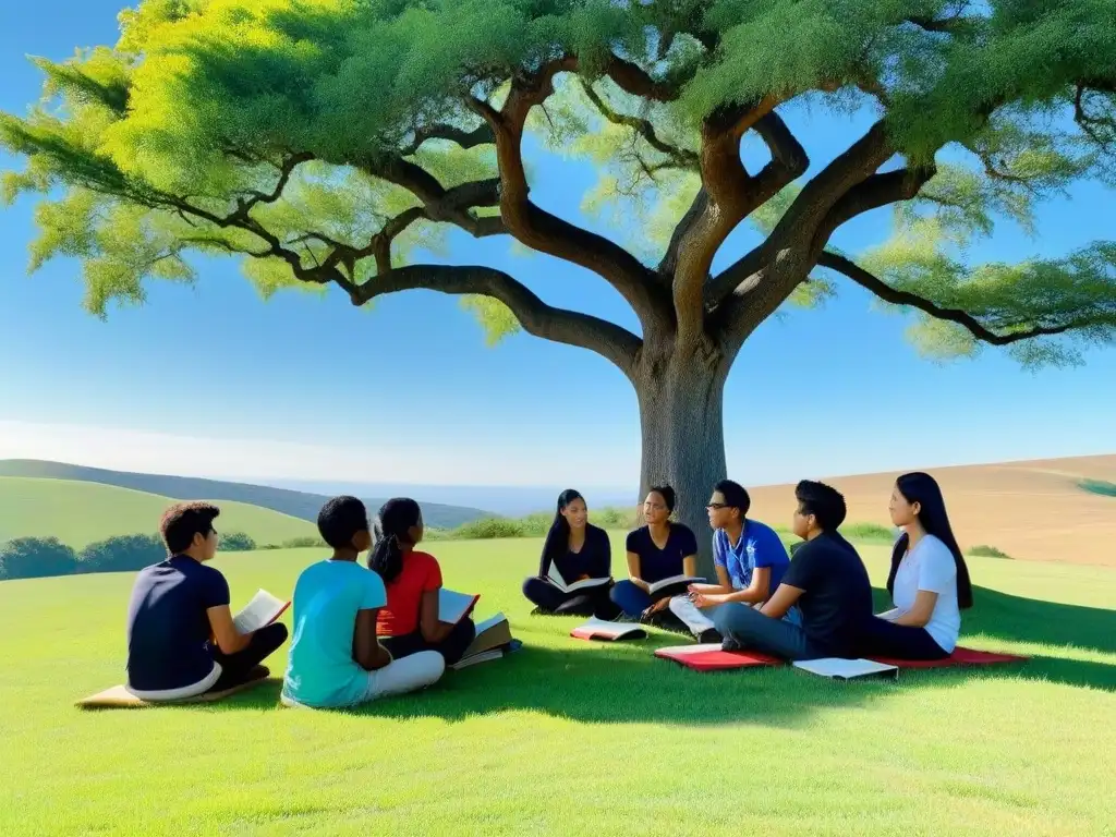 Un grupo diverso de estudiantes participa en un intercambio de idiomas bajo un árbol, con el paisaje de Uruguay al fondo