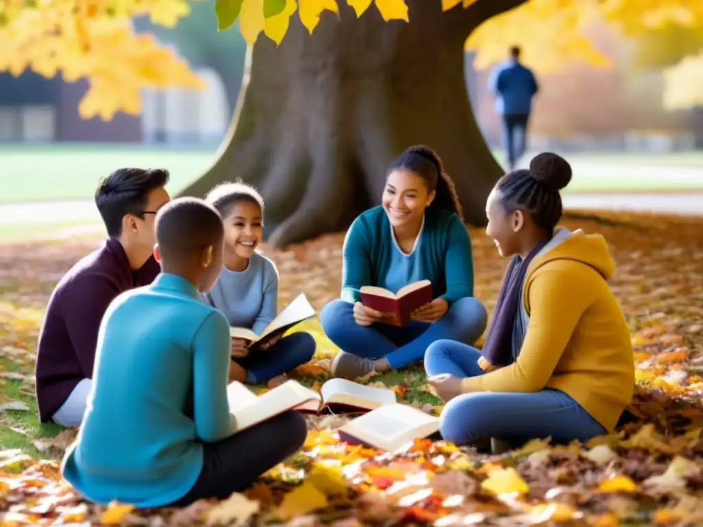 Grupo diverso de estudiantes disfrutando de un intercambio de idiomas bajo un árbol en otoño