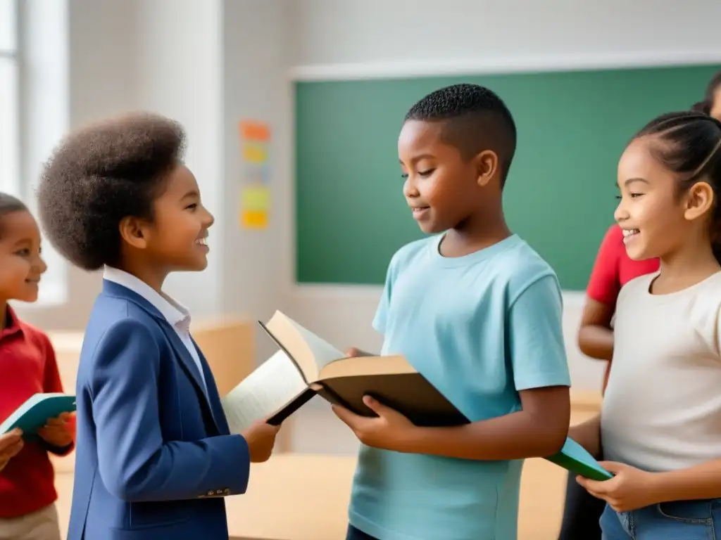 Grupo diverso de estudiantes colaborando en intercambio lingüístico con libros, ventajas educación bilingüe largo plazo