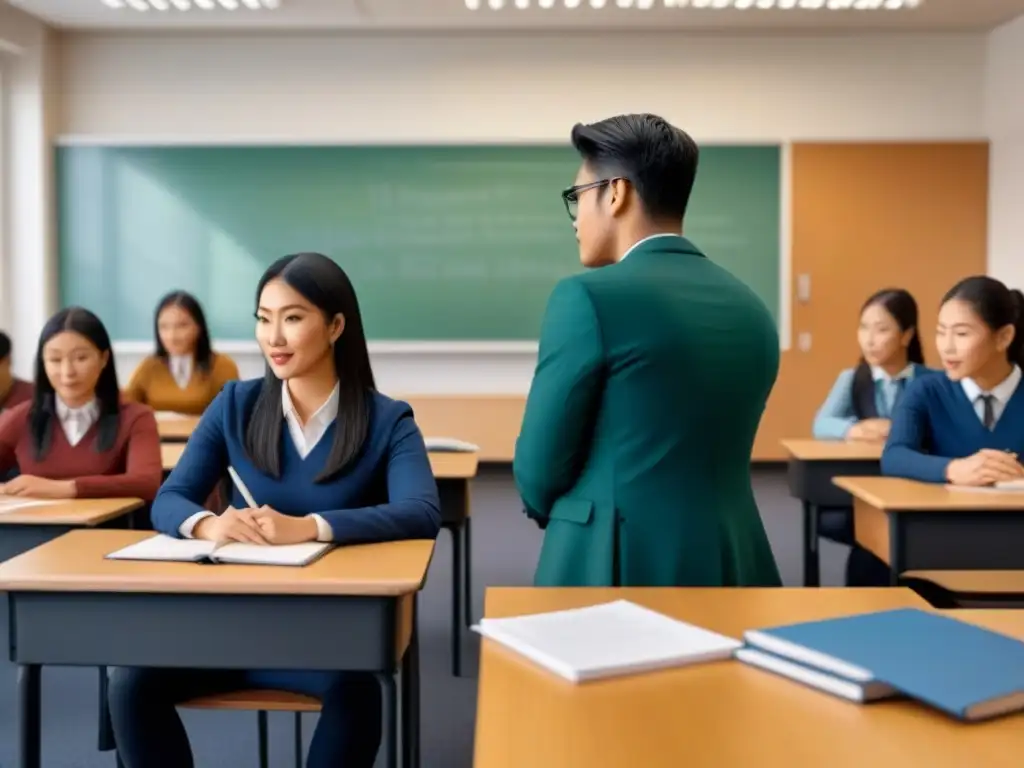 Intercambio lingüístico: ilustración detallada de alumnos diversos en aula Un grupo diverso de estudiantes participa en un intercambio de idiomas en un aula